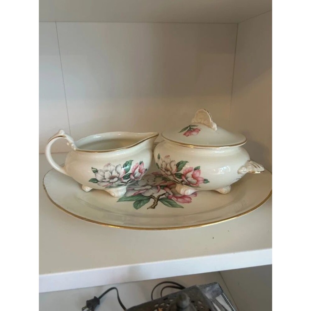Vintage Cunningham & Pickett Magnolia Creamer Sugar Bowl Tray Set 22K Gold